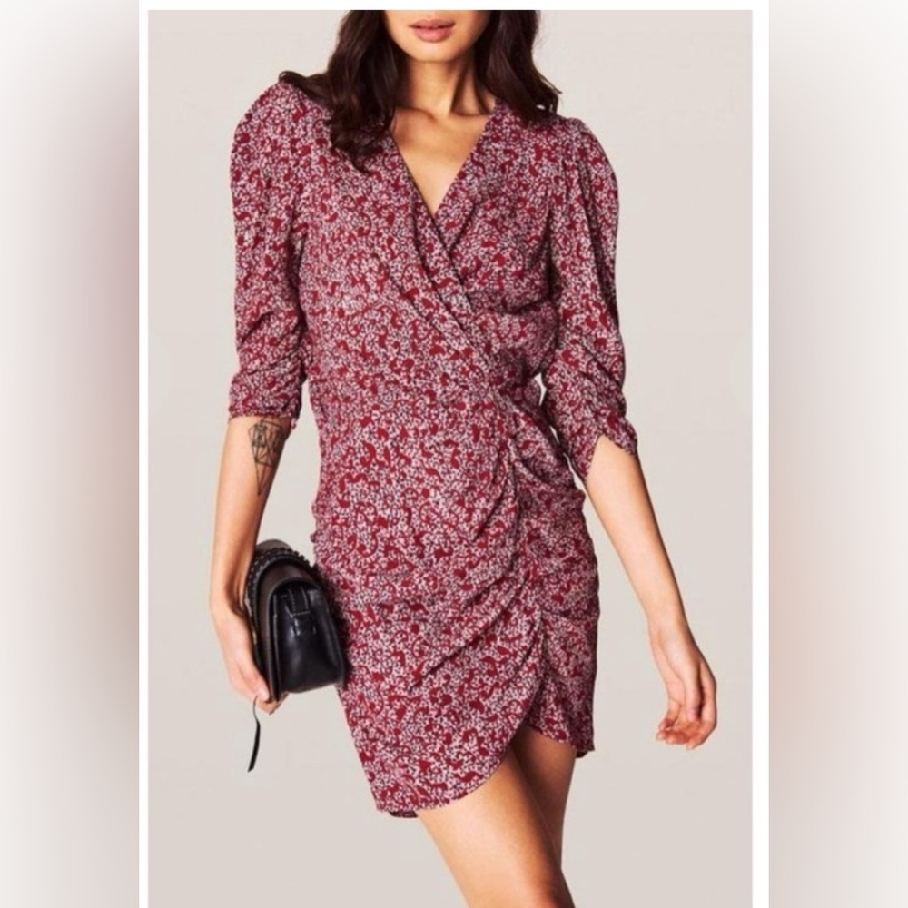 BA&SH Crystal Printed Faux Wrap Ruched Casual Mini Dress sz: 8 Carmin Red BASH
